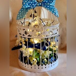 OOAK Bird Cage with Flowers and Lights Blue and Yellow Spring Decor NEW